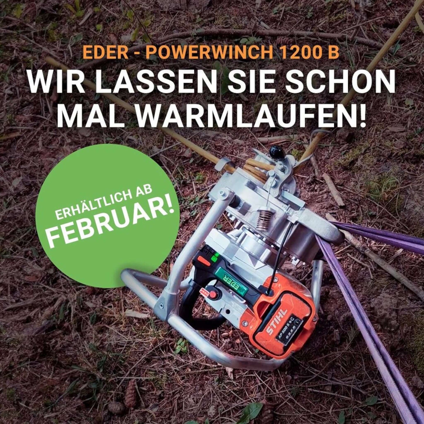 Erhältlich ab Februar 2024_Die Eder Powerwinch 1200B Akku Spillwinde ist Ihre Lösung für müheloses Heben und Ziehen. Mit einem Gewicht von nur 13 kg und einer maximalen Zuglast von 1.200 kg ist diese Spillwinde ein wahrer Allrounder. Angetrieben wird die Akku Spillwinde vom kraftvollen Stihl-Elektromotor mit 1,6 kW (1600 Watt)