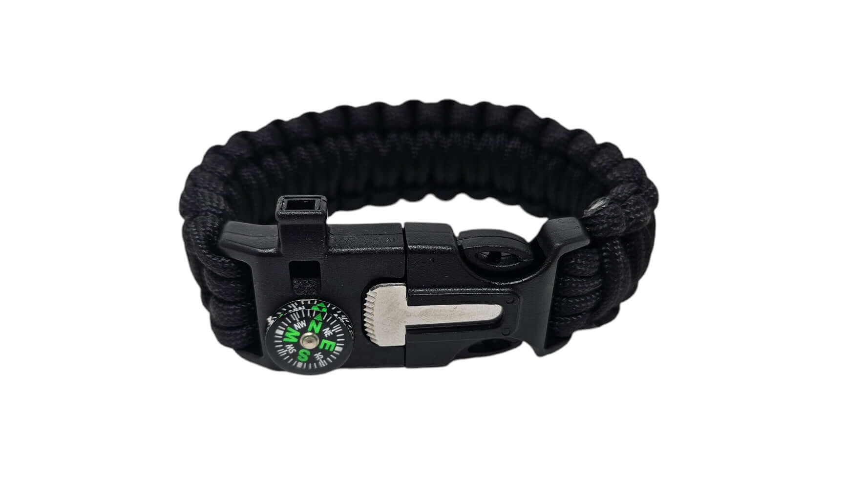 Schwarzes Survival-Armband mit Kompass und Sicherungsschnalle, ideal für Outdoor-Abenteuer und Notfälle.