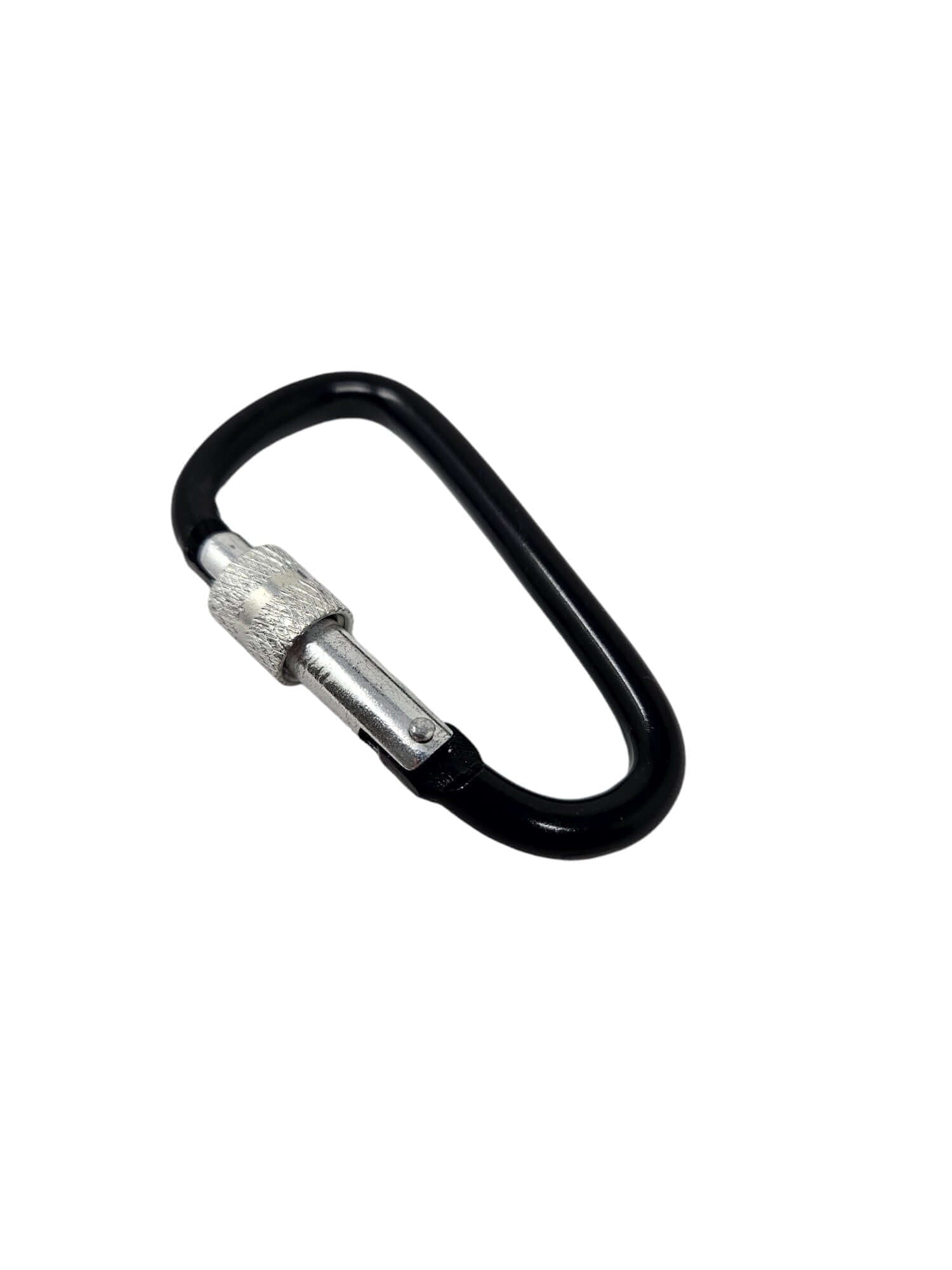 Schwarzer Karabiner mit Schraubschnalle, ideal für Outdoor-Aktivitäten und Notfall-Survival-Kits.