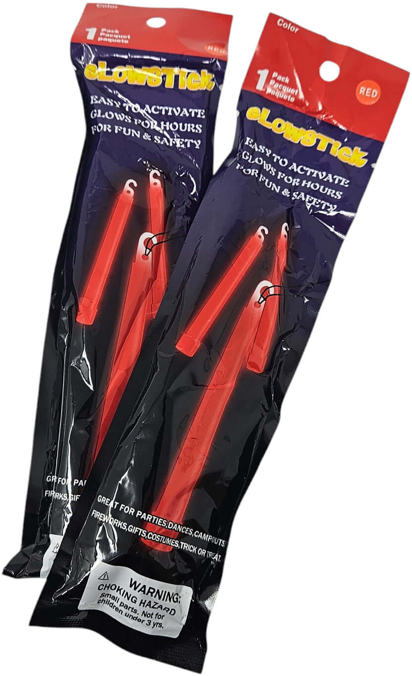 Rote Glowsticks im Doppelpack, einfach zu aktivieren für Sicherheit und Spaß bei Outdoor-Aktivitäten.
