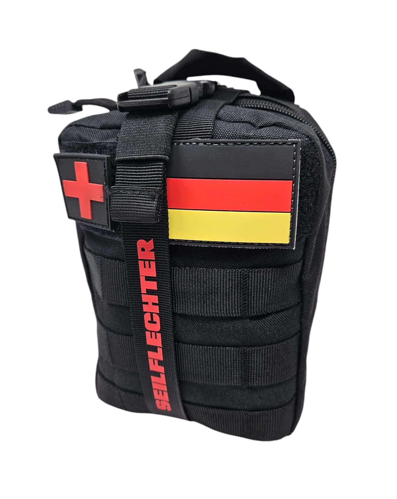 Schwarz leistungsstarkes Notfall-Kit mit deutscher Flagge und rotem Kreuz für Outdoor-Aktivitäten.