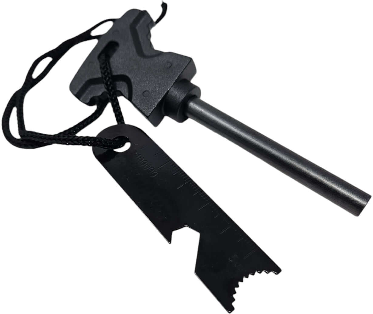 Multifunktionaler Feuerstahl mit integriertem Werkzeug für Survival Kit und Outdoor-Abenteuer.