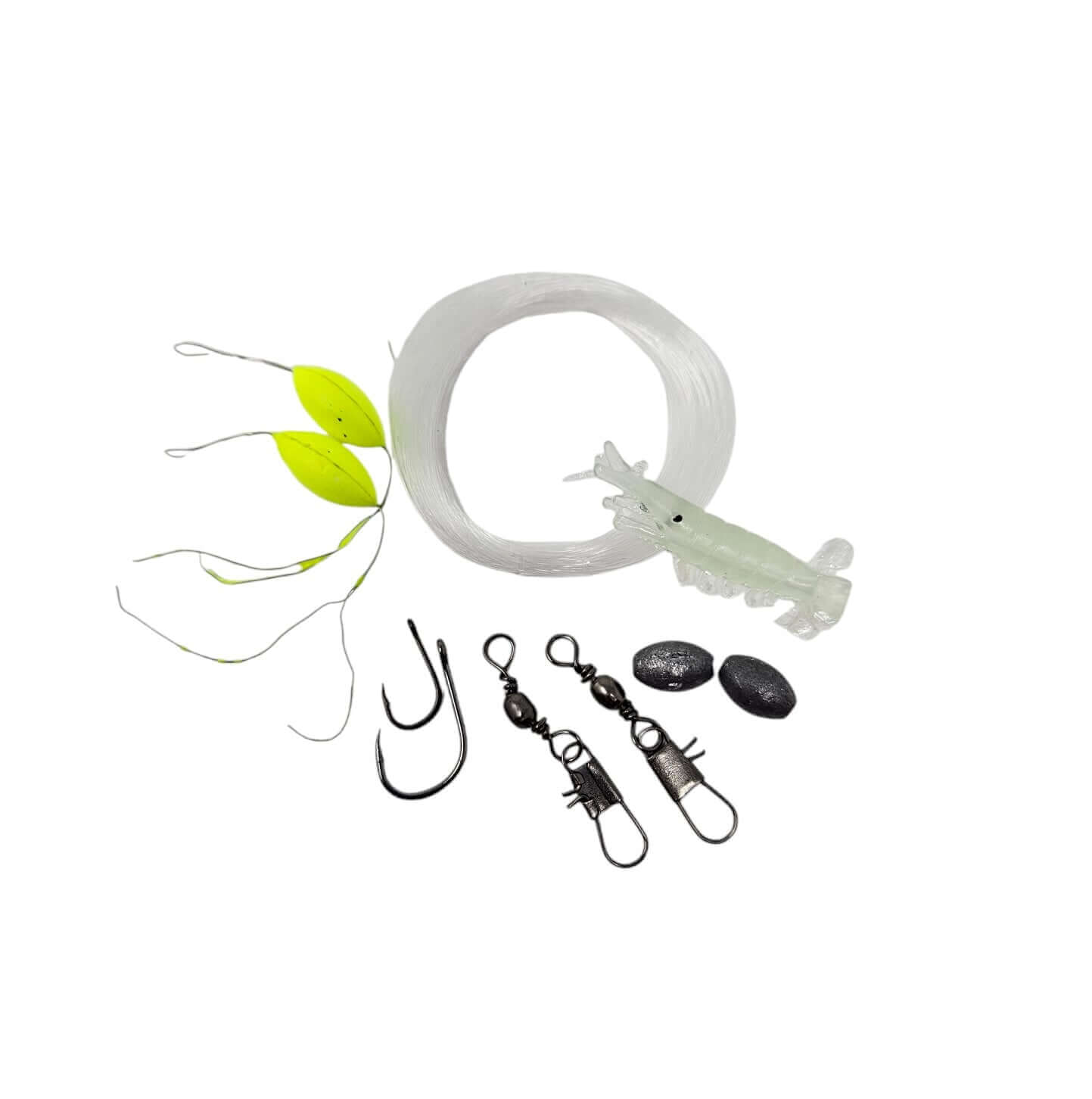 Survival Kit components including fishing line, hooks, weights, and lures for outdoor adventures and emergencies.