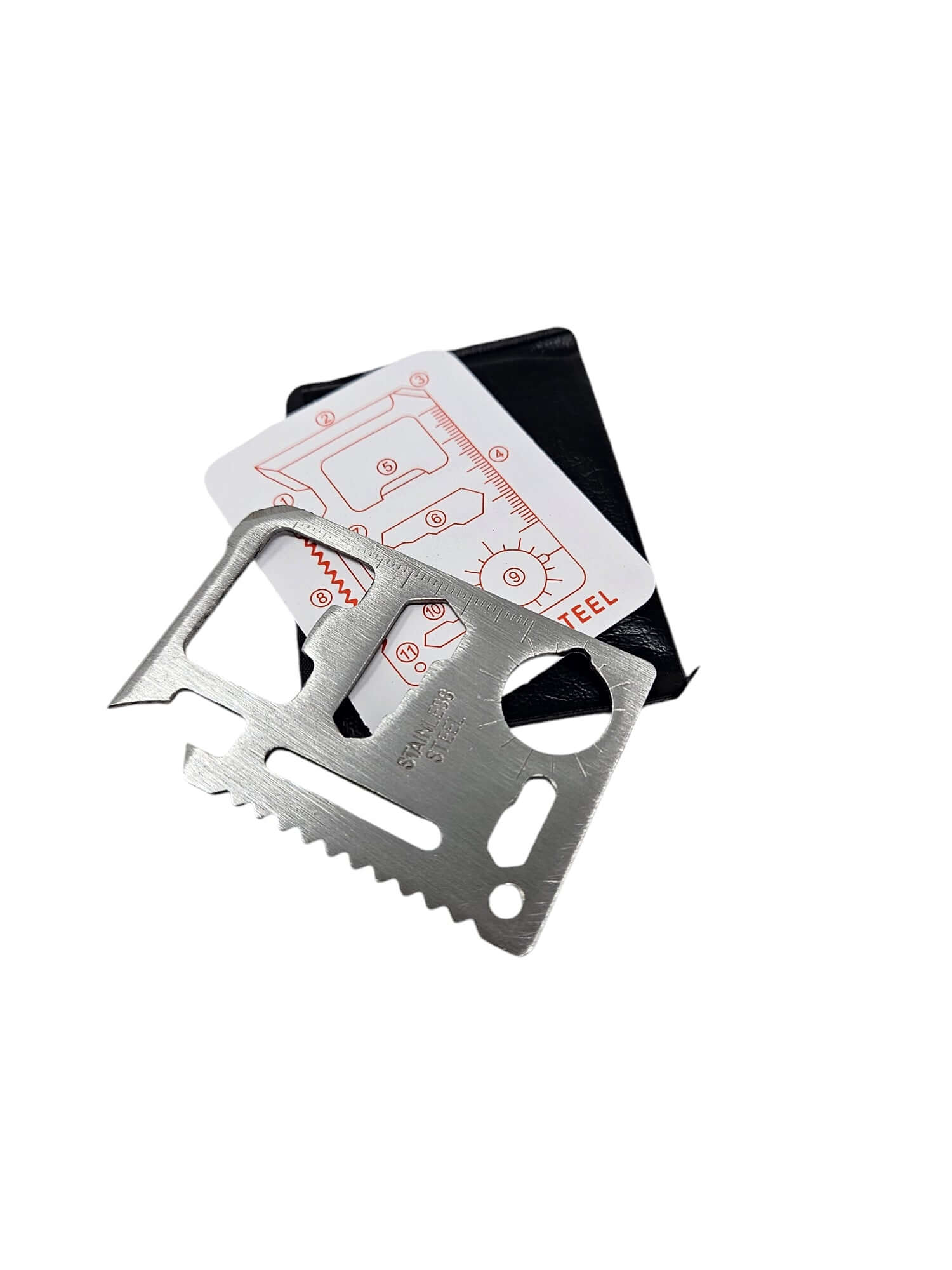 Edelstahl-Multitool mit Kartenform, das praktische Funktionen für Survival-Kits und Outdoor-Aktivitäten bietet.