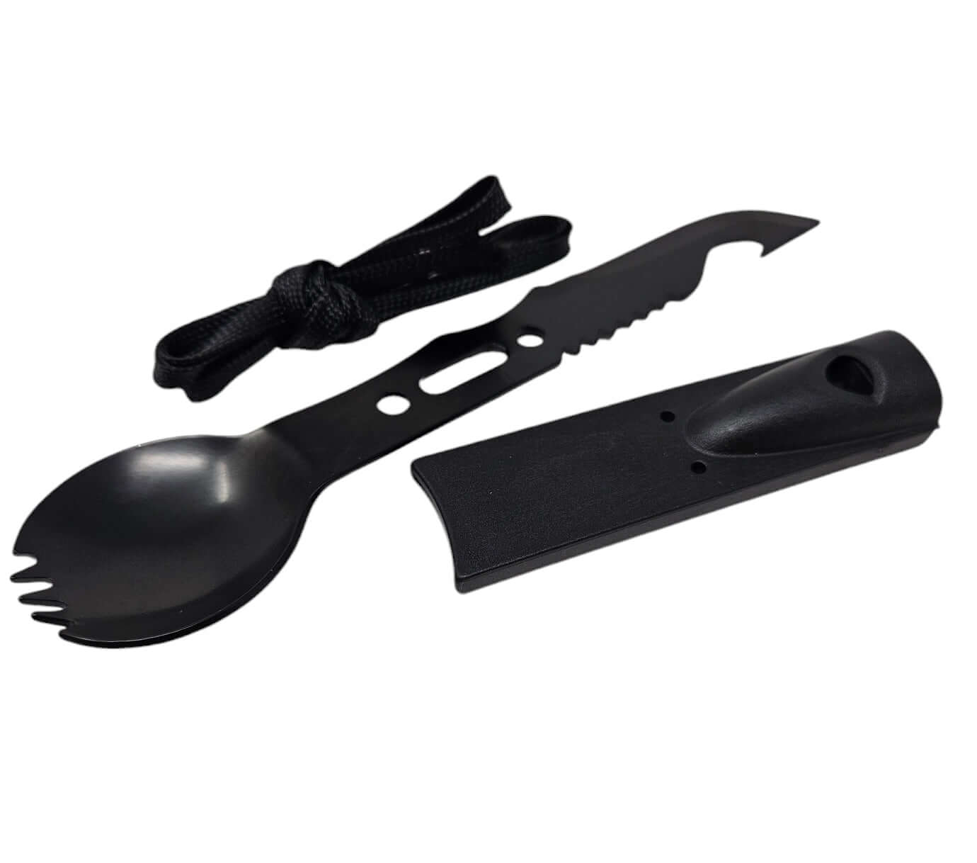 Schwarzes Campingbesteck-Set mit Löffel, Messer und Schnur für Outdoor-Abenteuer und Notfallsituationen.