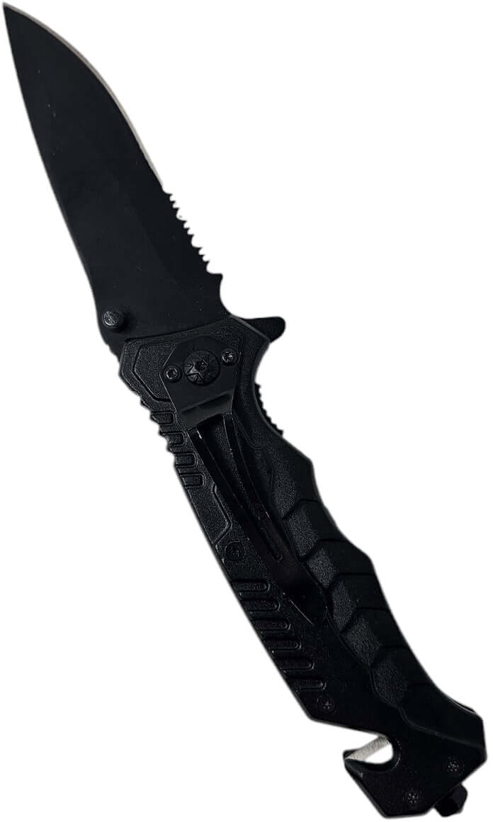 Schwarzes Klappmesser mit serrierter Klinge und rutschfestem Griff für Outdoor-Notfall- und Survival-Anwendungen.