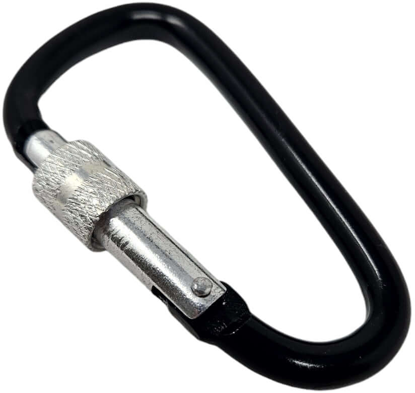Schwarzer Karabinerhaken mit Schraubverschluss für Outdoor-Aktivitäten und Sicherheitsanwendungen.