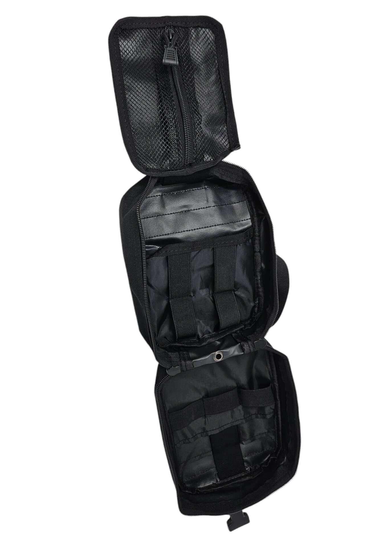 Schwarze Notfalltasche mit mehreren Fächern für Überlebensausrüstung und Erste Hilfe Zubehör.