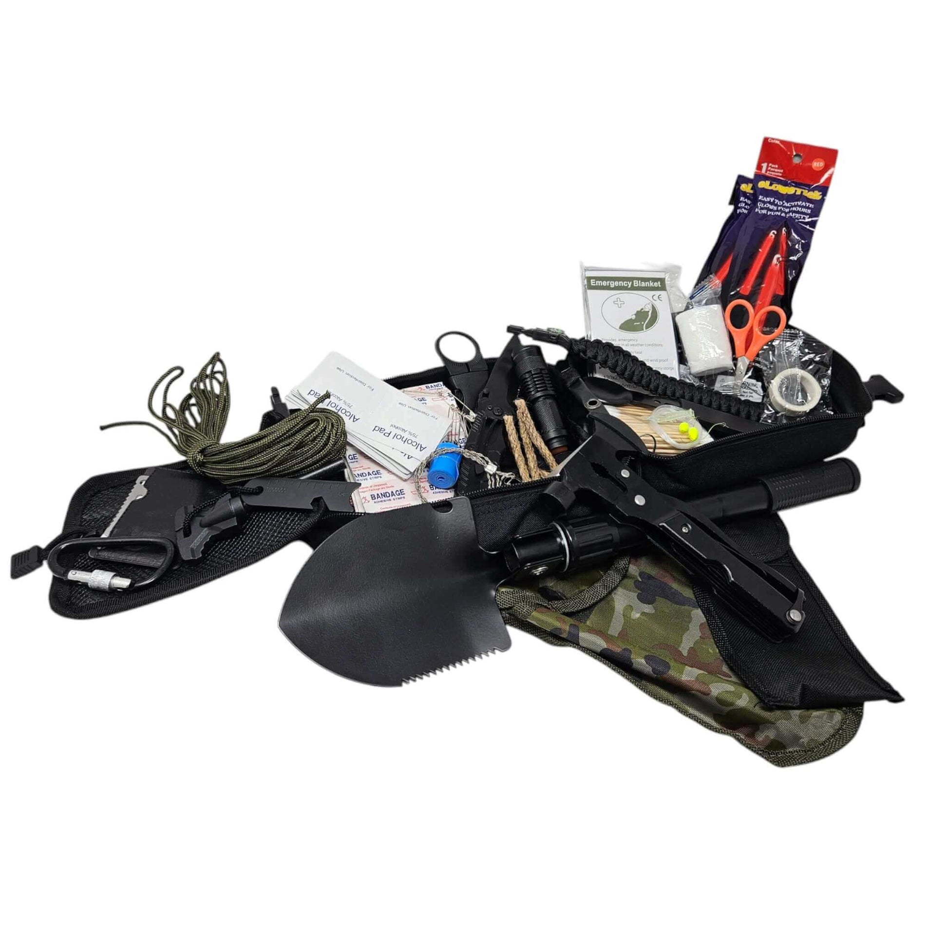 Großes Notfall Survival Kit mit Schaufel, Werkzeugen und Erste Hilfe-Ausrüstung für Outdoor-Abenteuer.