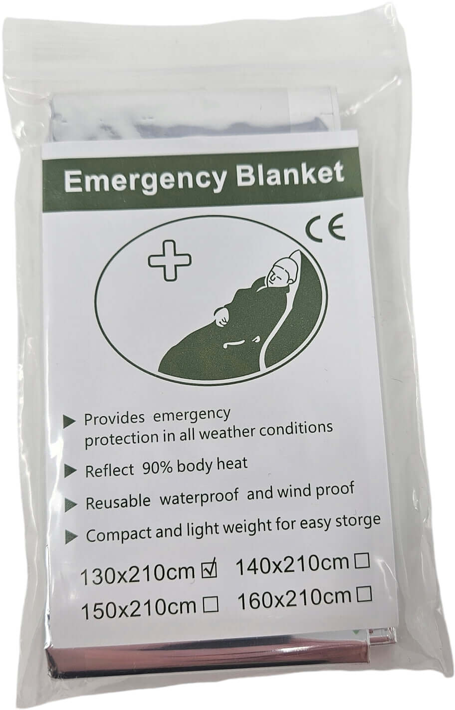 Emergency blanket in packaging, providing waterproof and windproof protection for outdoor survival.