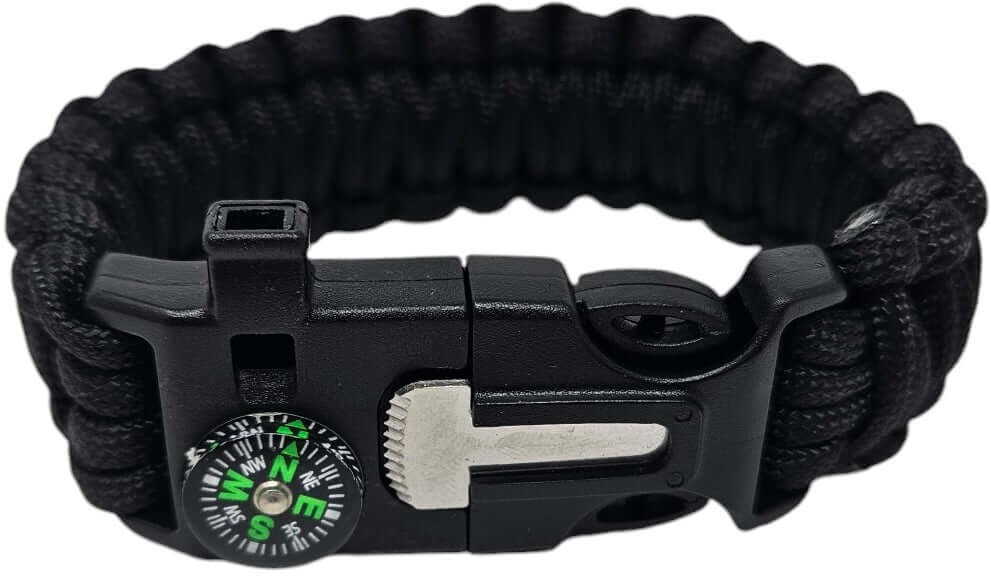 Schwarzes Paracord-Armband mit Kompass und Sicherheitsverschluss für Outdoor-Aktivitäten und Survival-Situationen.