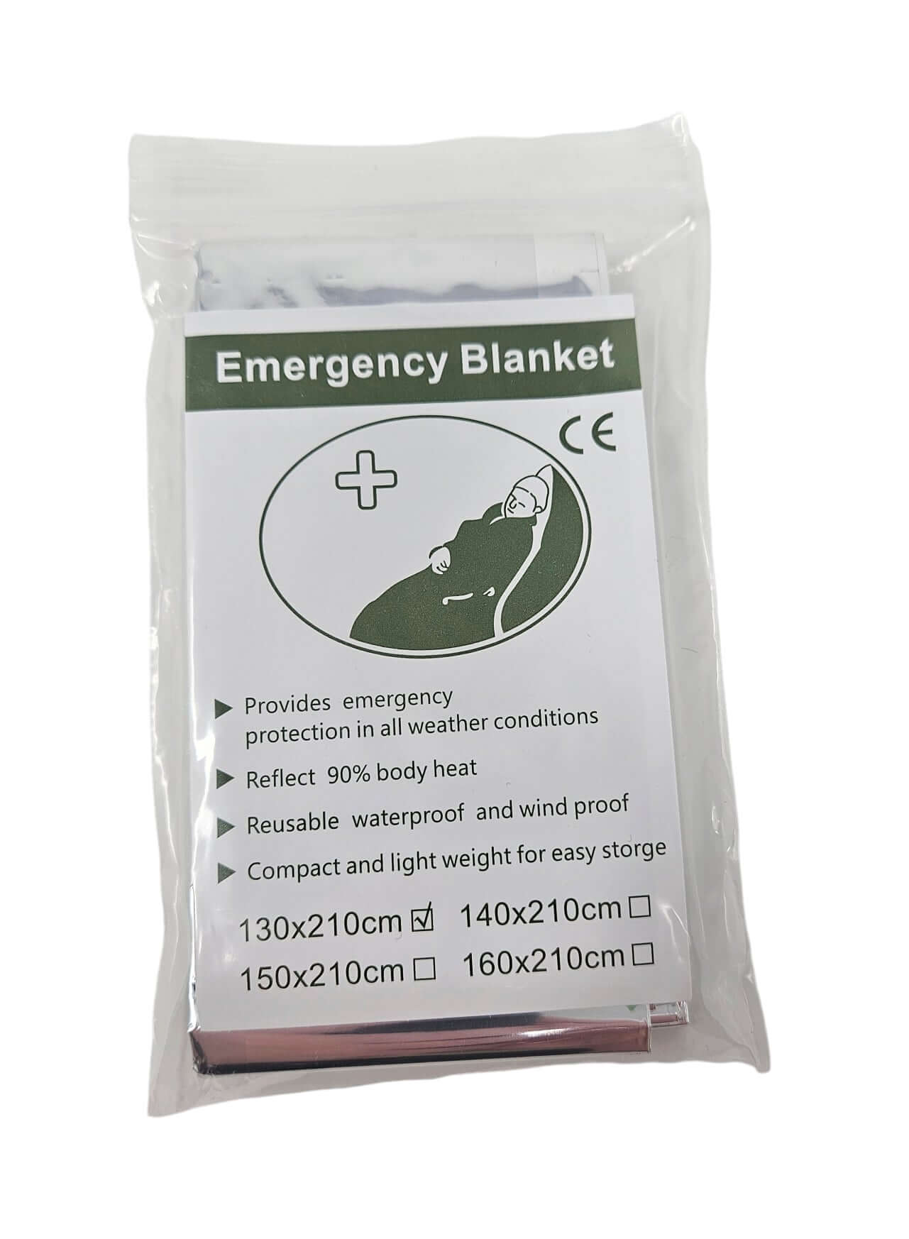 Emergency blanket packaging showing size options and weather protection features. Ideal for outdoor survival kits.