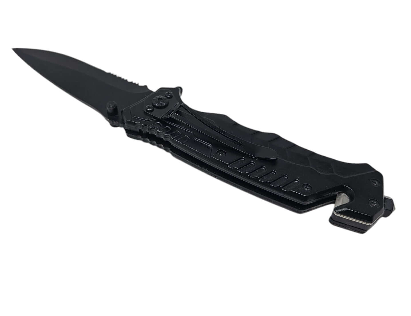 Schwarzes Klappmesser mit serrierter Klinge, ideal für Outdoor-Aktivitäten und Notfallsituationen.