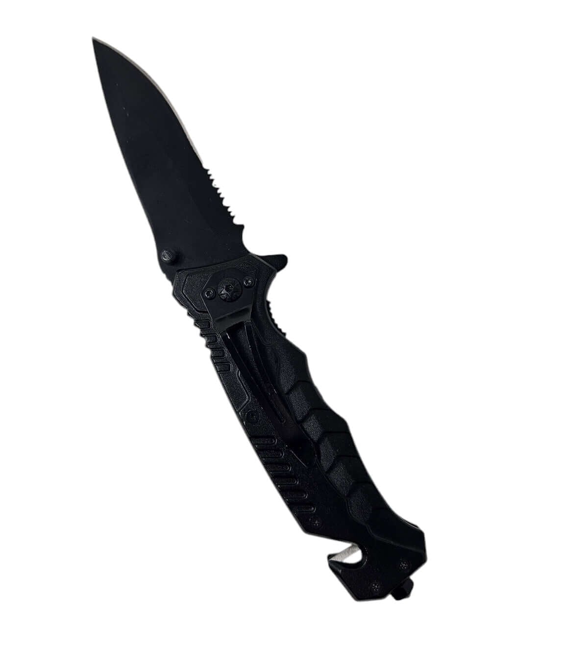 Schwarzes Klappmesser mit gezahntem Klingenrand, ideal für Survival-Kits und Outdoor-Aktivitäten.