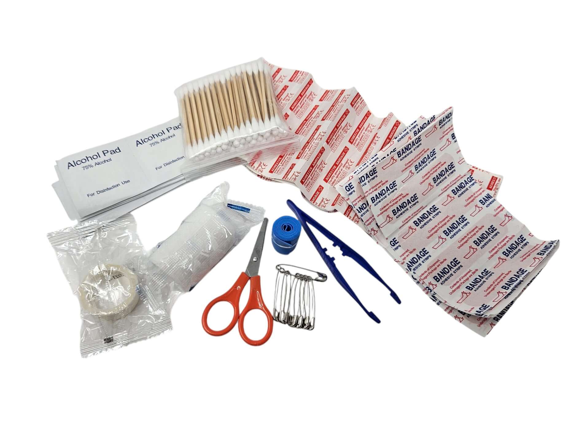 Notfall Survival Kit mit Verbandmaterial, Scheren, Sicherheitsnadeln und Alkohol-Pads für Outdoor-Abenteuer.