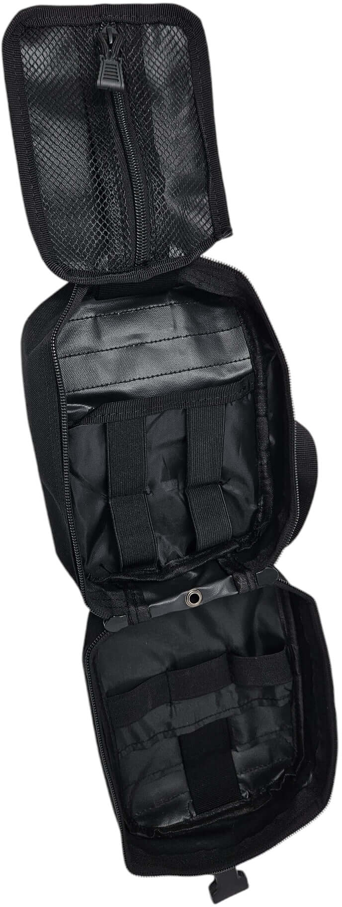 Offene Tasche eines Notfall Survival Kits mit Fächern für Erste-Hilfe- und Camping-Zubehör.