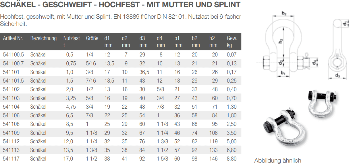 Hochfester Schäkel mit Mutter und Splint nach DIN 13889 von Seilflechter. Geschweifter Bügel, feuerverzinkt, galvanisch verzinkter und lackierter Bolzen. 6-fache Sicherheit. SF (Sicherheitsfaktor): 6:1."