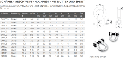 Hochfester Schäkel mit Mutter und Splint nach DIN 13889 von Seilflechter. Geschweifter Bügel, feuerverzinkt, galvanisch verzinkter und lackierter Bolzen. 6-fache Sicherheit. SF (Sicherheitsfaktor): 6:1."